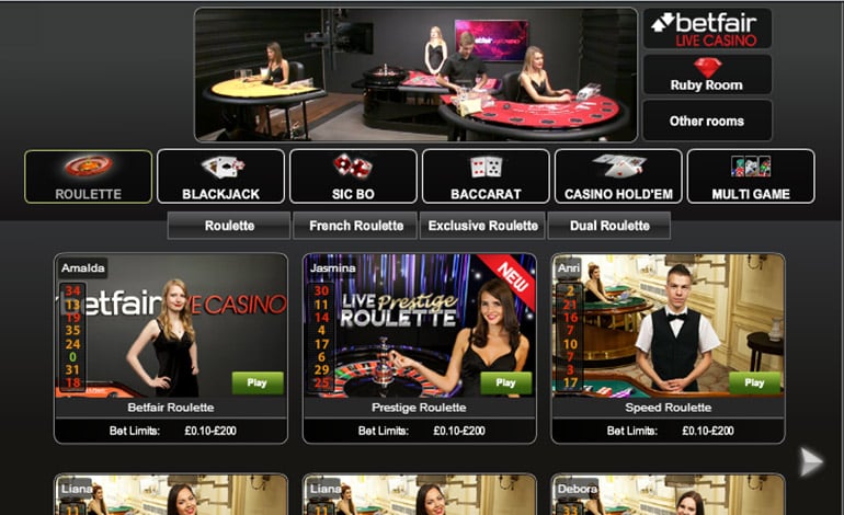 Betfair Casino Menu